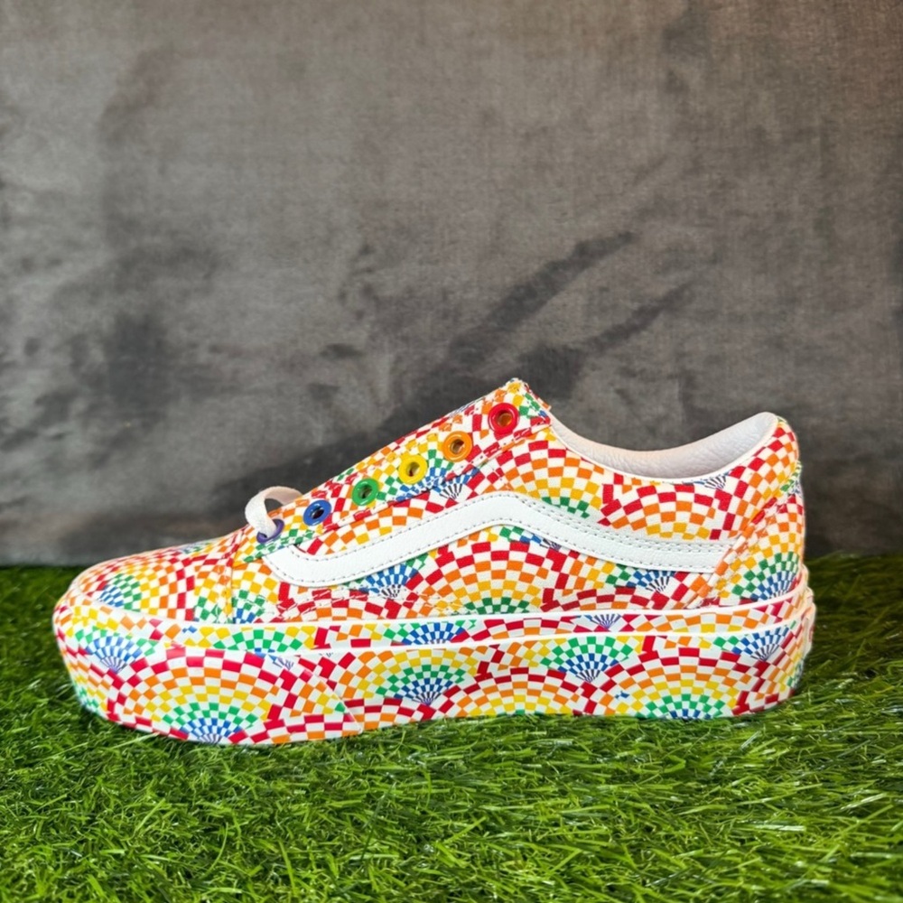 Vans Old Skool Platform Pride Rainbow Checkered Skate Shoes Women US 6.5